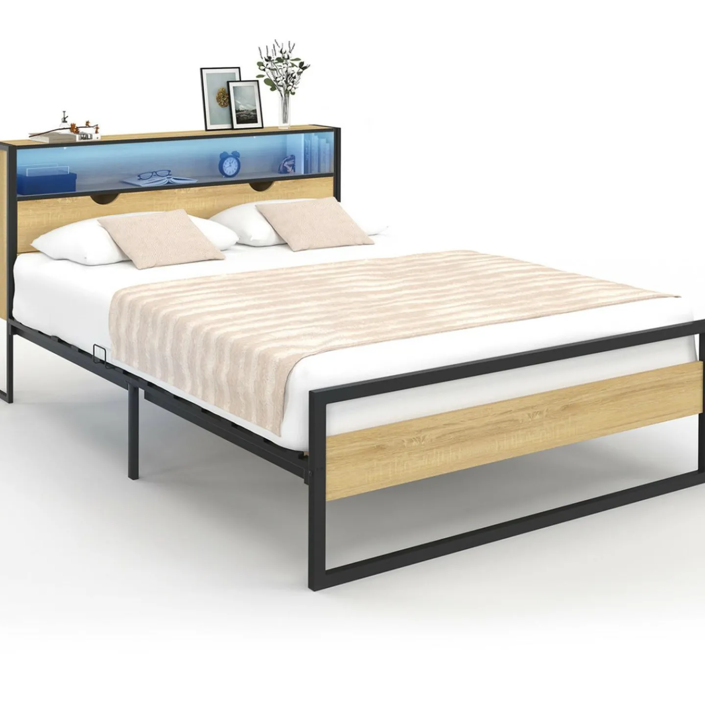 Lit double LED intégrés dans la tête de lit et sommier 140x190 cm effet bois et métal noir style industriel*IDMarket Discount