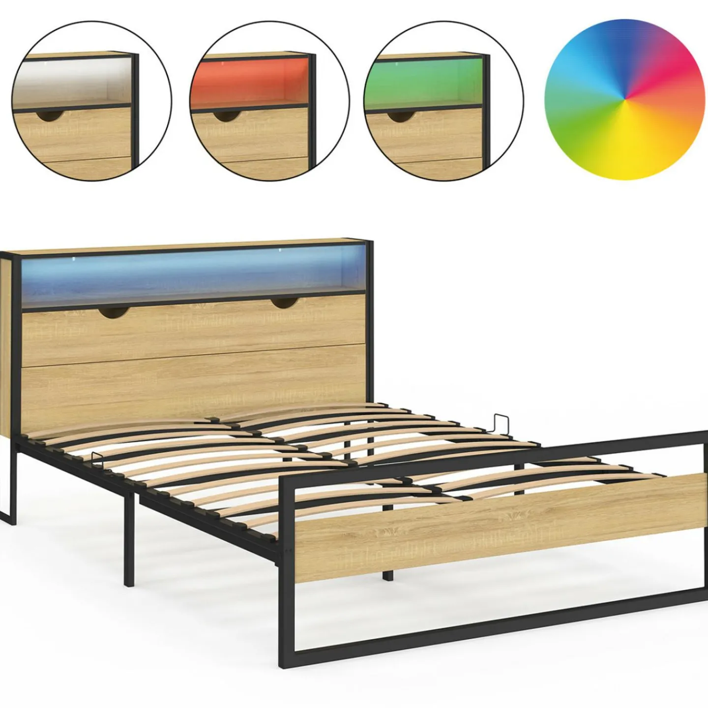 Lit double LED intégrés dans la tête de lit et sommier 140x190 cm effet bois et métal noir style industriel*IDMarket Discount