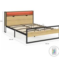 Lit double LED intégrés dans la tête de lit et sommier 140x190 cm effet bois et métal noir style industriel*IDMarket Discount