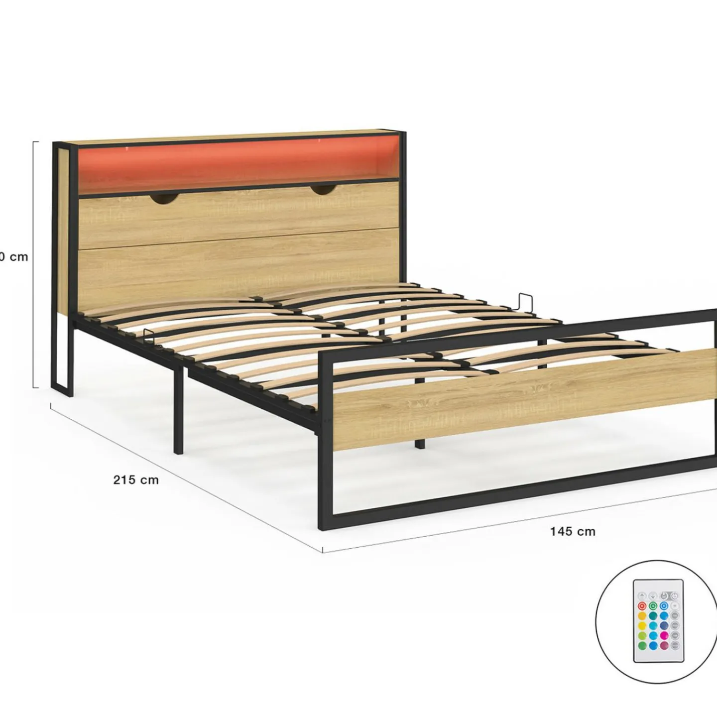 Lit double LED intégrés dans la tête de lit et sommier 140x190 cm effet bois et métal noir style industriel*IDMarket Discount
