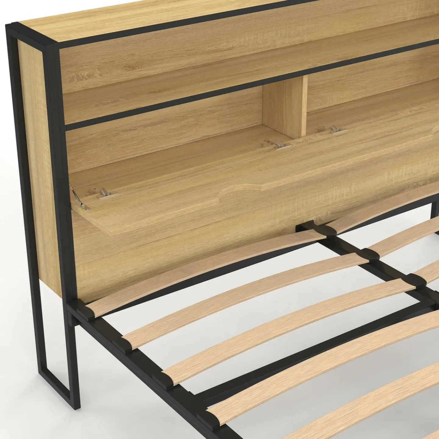 Lit double LED intégrés dans la tête de lit et sommier 140x190 cm effet bois et métal noir style industriel*IDMarket Discount