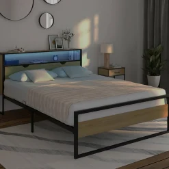 Lit double LED intégrés dans la tête de lit et sommier 140x190 cm effet bois et métal noir style industriel*IDMarket Discount