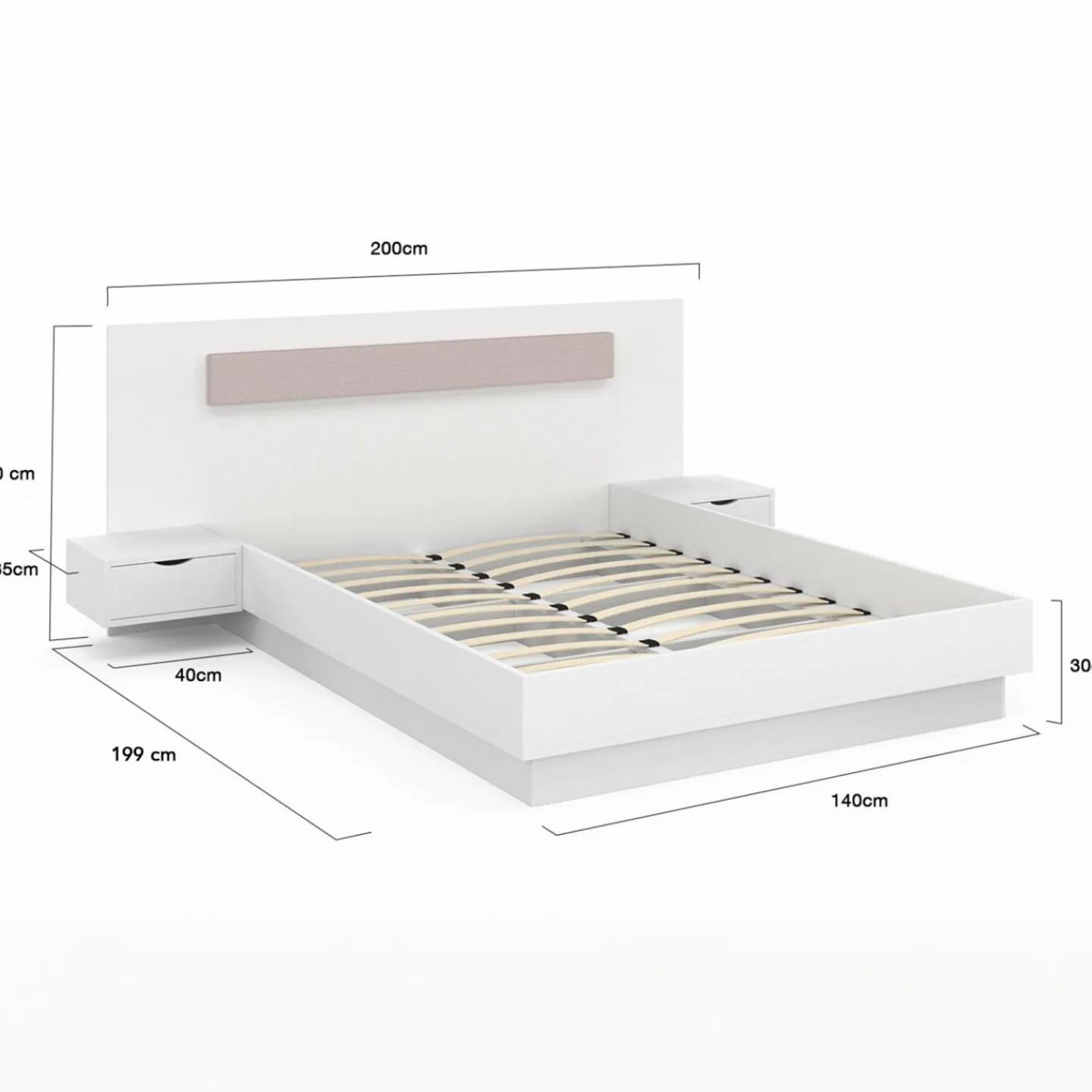 Lit double 140x190 blanc avec tête de lit et chevets*IDMarket New