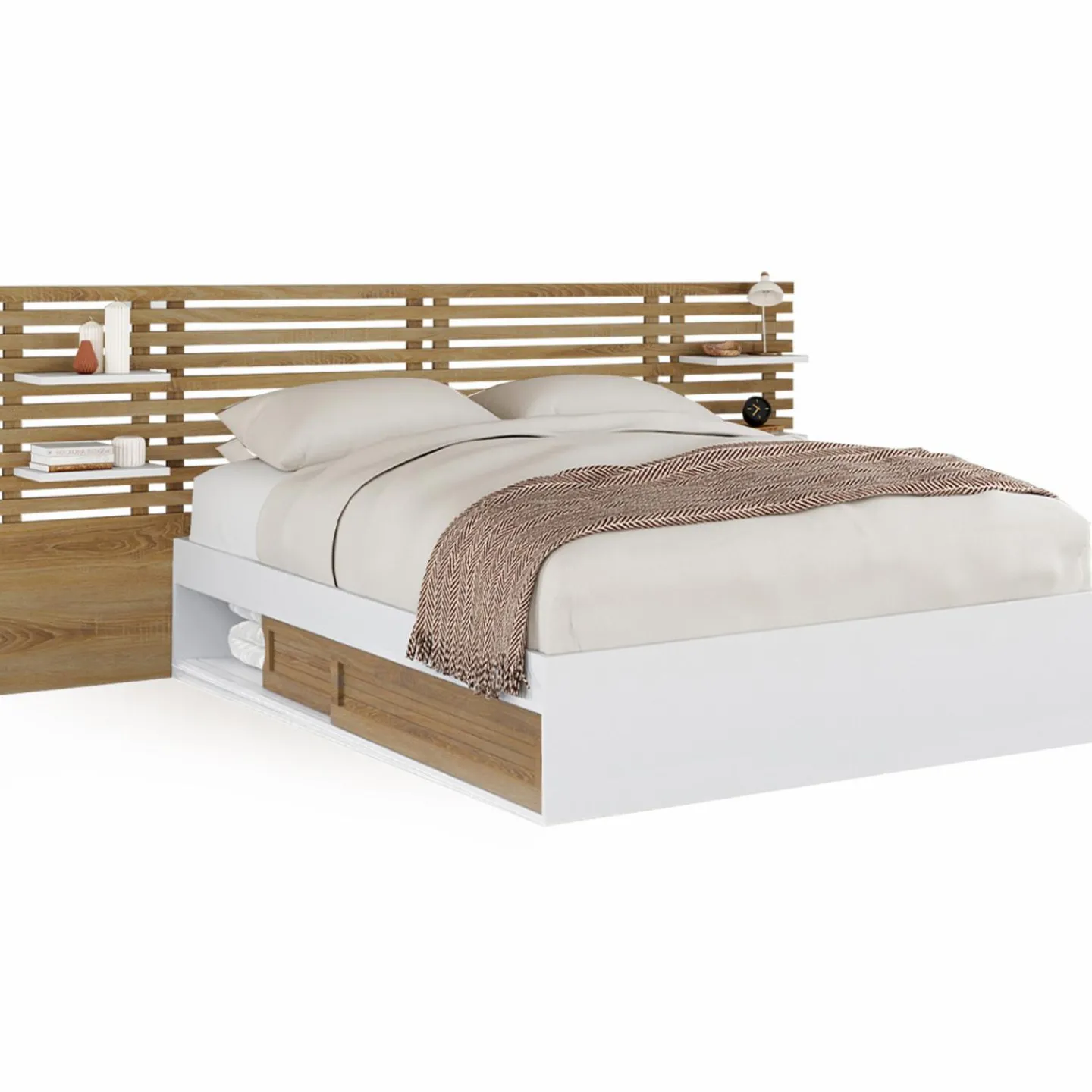 Lit double 140x190 blanc et hêtre avec rangement, tête de lit et chevets*IDMarket Sale