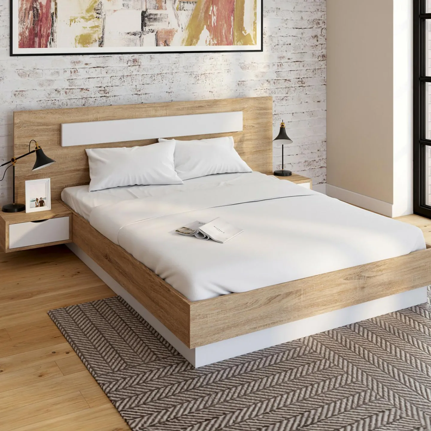 Lit double 140x190 bois et blanc avec tête de lit et tables de chevet*IDMarket New