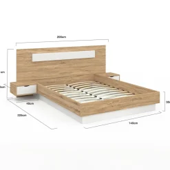 Lit double 140x190 bois et blanc avec tête de lit et tables de chevet*IDMarket New