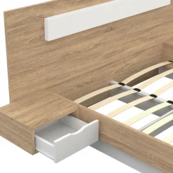 Lit double 140x190 bois et blanc avec tête de lit et tables de chevet*IDMarket New