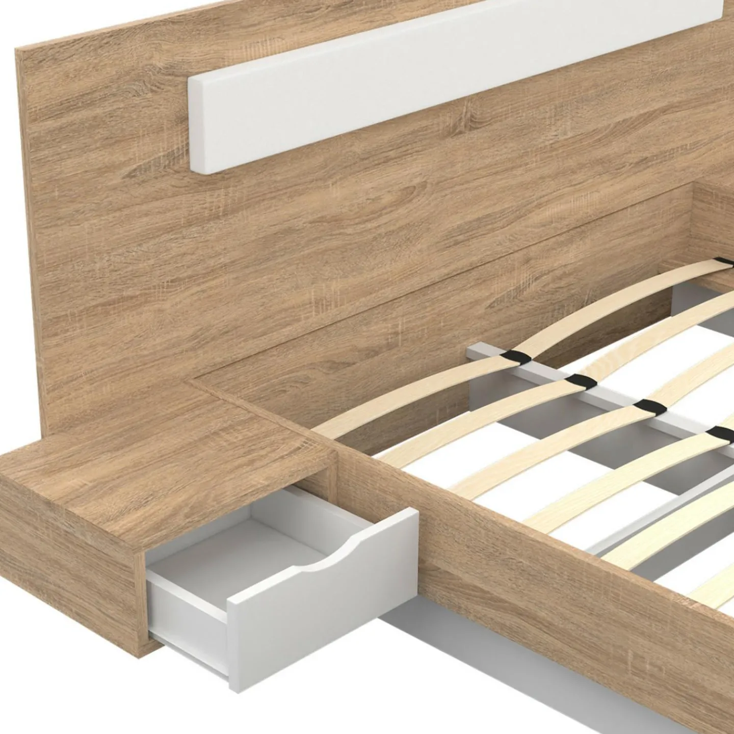 Lit double 140x190 bois et blanc avec tête de lit et tables de chevet*IDMarket New