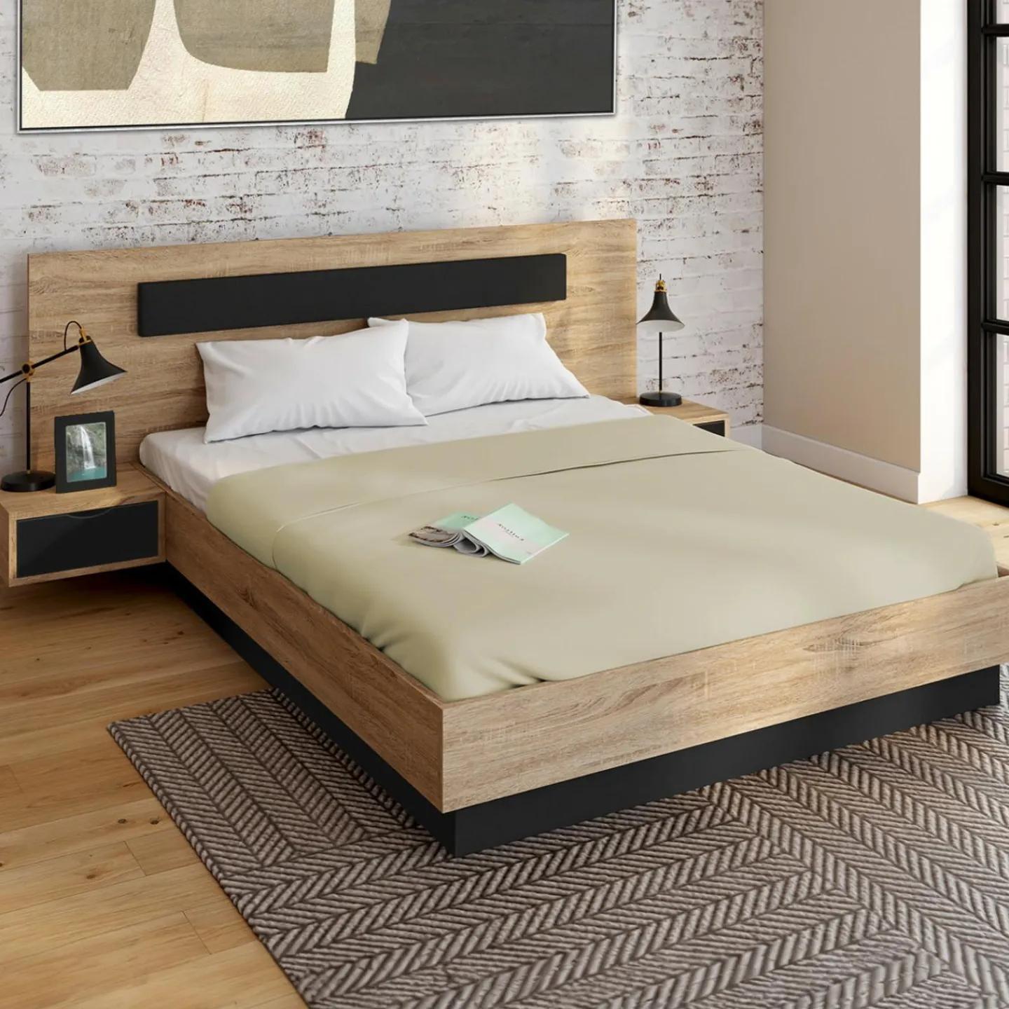 Lit double 160x200 cm bois et noir avec tête de lit et tables de chevet*IDMarket Clearance