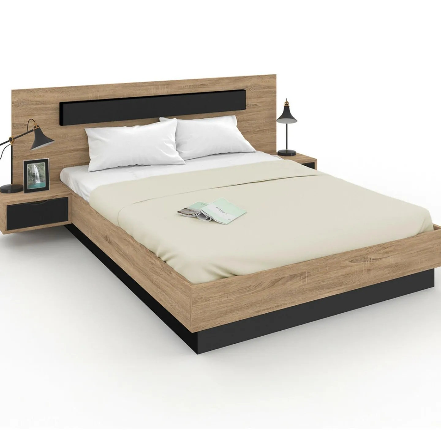 Lit double 160x200 cm bois et noir avec tête de lit et tables de chevet*IDMarket Clearance