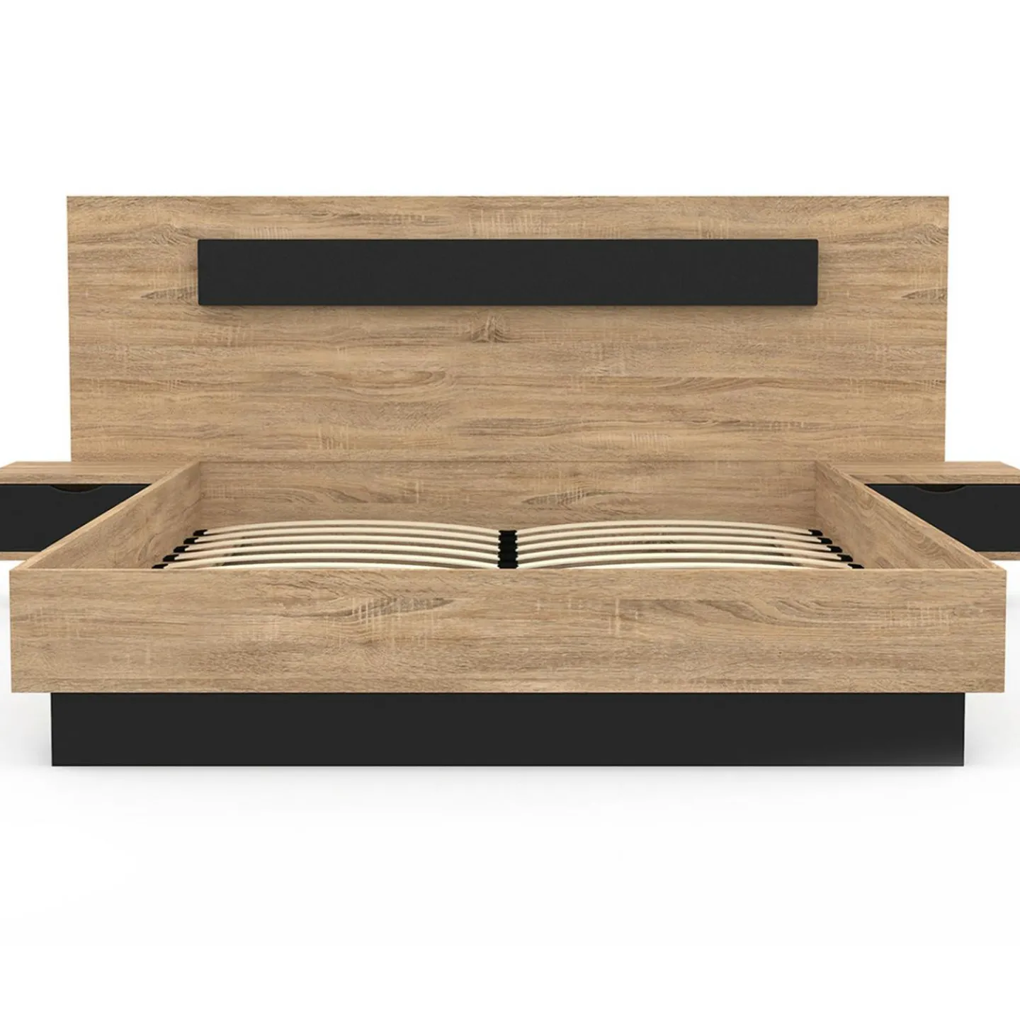 Lit double 160x200 cm bois et noir avec tête de lit et tables de chevet*IDMarket Clearance