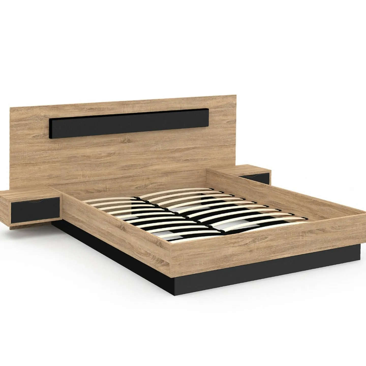 Lit double 160x200 cm bois et noir avec tête de lit et tables de chevet*IDMarket Clearance