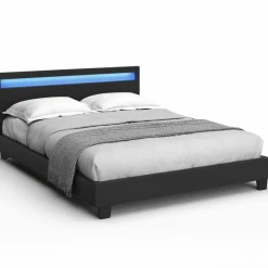 Lit double 140x190 cm en PVC noir avec sommier et LED*IDMarket Hot