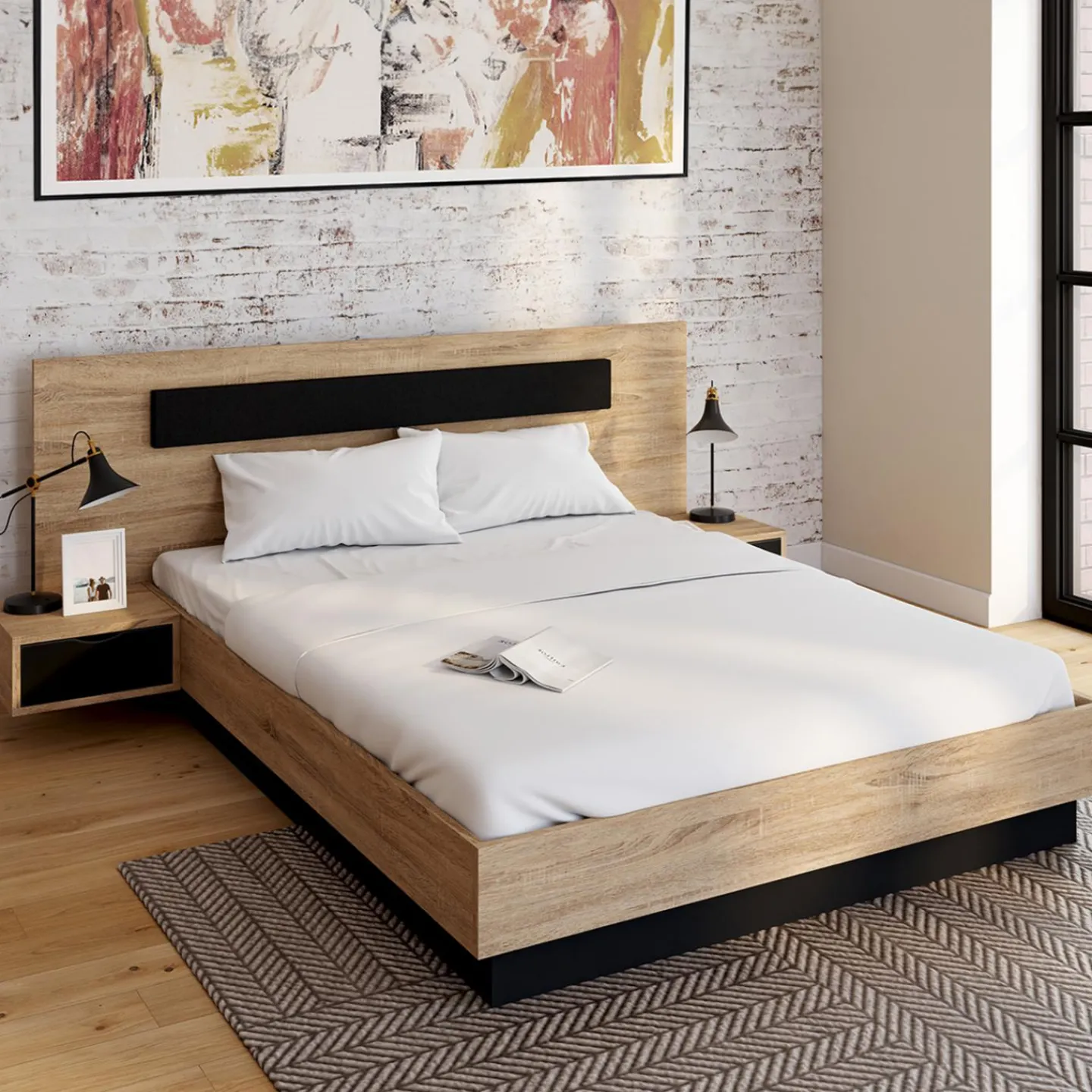 Lit double 140x190 cm tête de lit sommier avec chevets suspendus bois et noir*IDMarket Discount