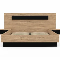 Lit double 140x190 cm tête de lit sommier avec chevets suspendus bois et noir*IDMarket Discount