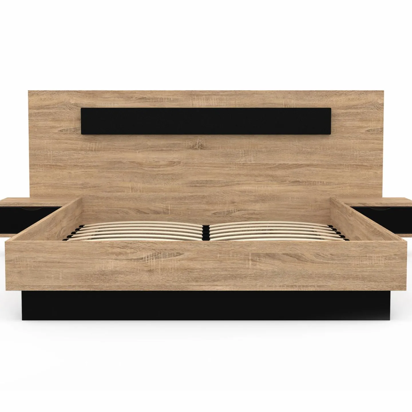 Lit double 140x190 cm tête de lit sommier avec chevets suspendus bois et noir*IDMarket Discount