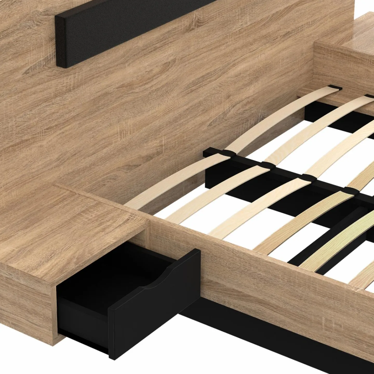 Lit double 140x190 cm tête de lit sommier avec chevets suspendus bois et noir*IDMarket Discount