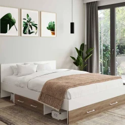 Lit double 140x190 façon hêtre et blanc avec rangements et tête de lit*IDMarket Online