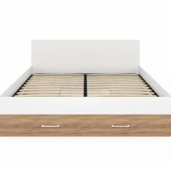 Lit double 140x190 façon hêtre et blanc avec rangements et tête de lit*IDMarket Online