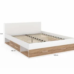 Lit double 140x190 façon hêtre et blanc avec rangements et tête de lit*IDMarket Online