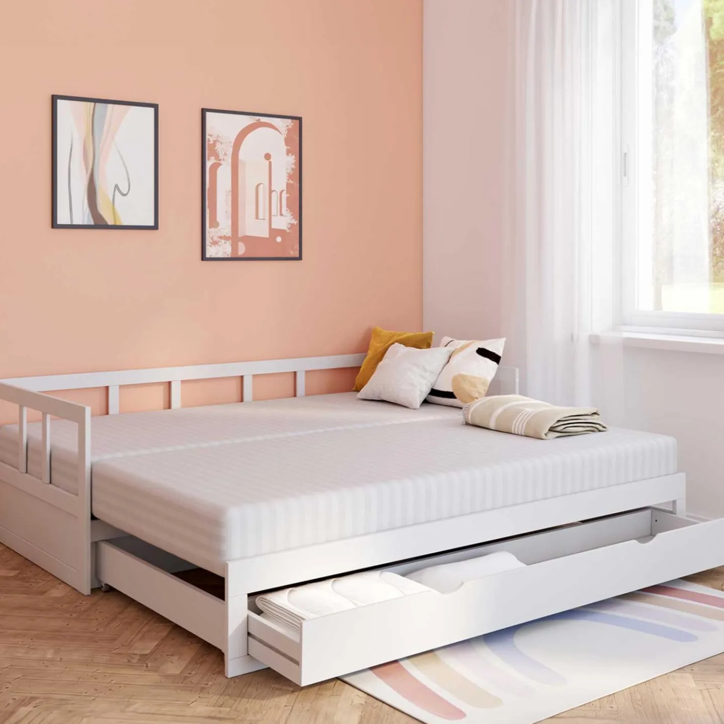 Lit gigogne transformable en lit 2 places blanc*IDMarket Best