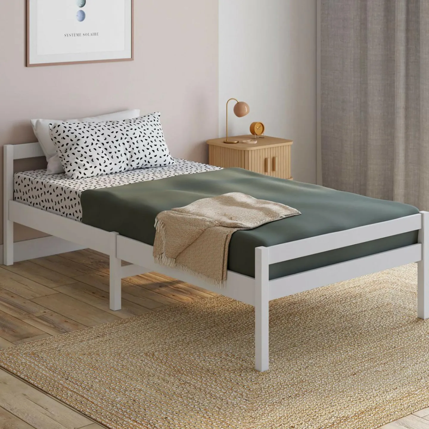 Lit simple 90 x 190 cm avec sommier bois blanc*IDMarket Clearance