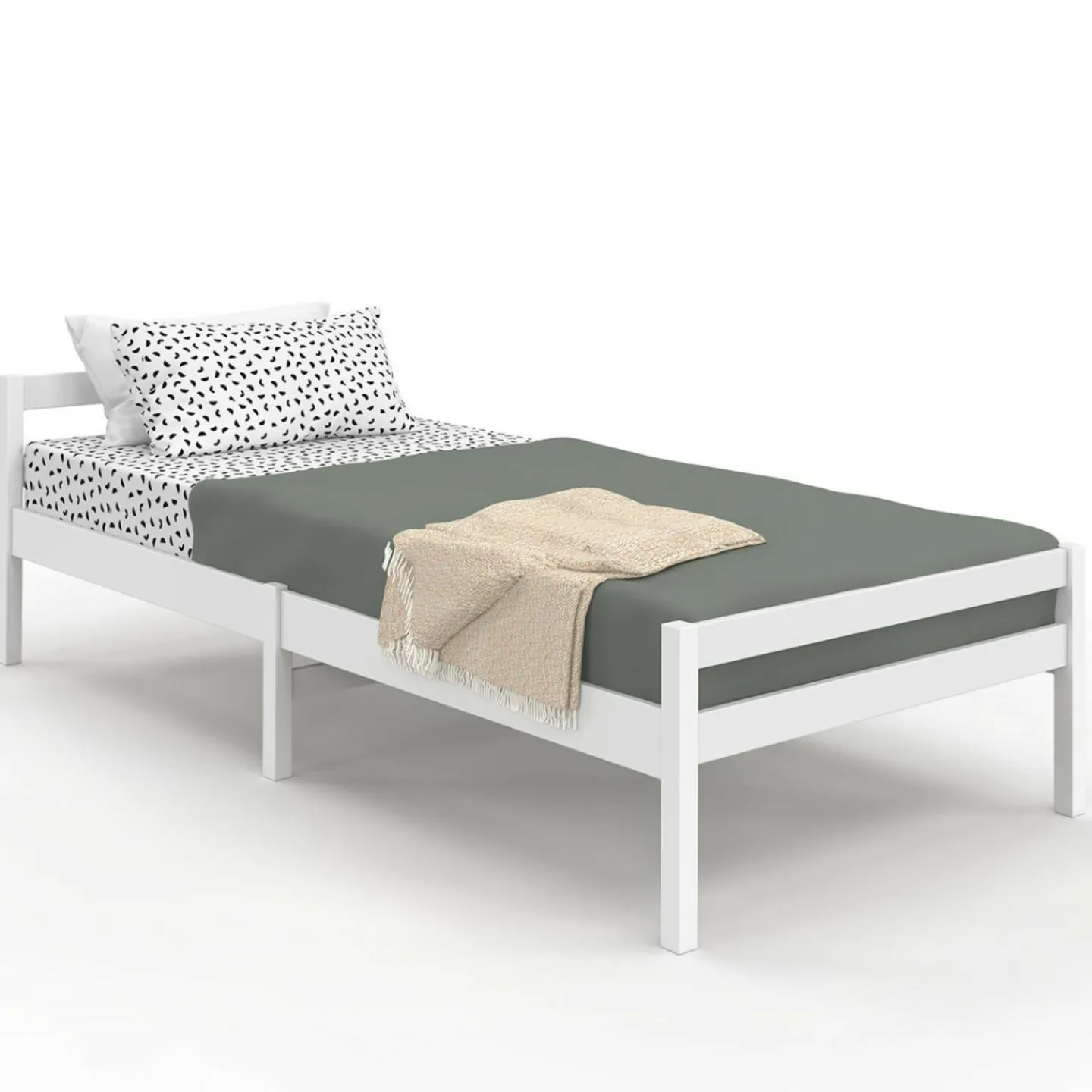 Lit simple 90 x 190 cm avec sommier bois blanc*IDMarket Clearance