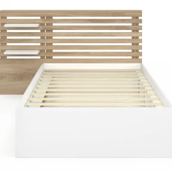 Lit simple avec tête de lit, chevets, rangements et sommier 90 x 190 cm façon hêtre et blanc*IDMarket Sale