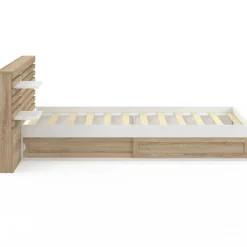 Lit simple avec tête de lit, chevets, rangements et sommier 90 x 190 cm façon hêtre et blanc*IDMarket Sale