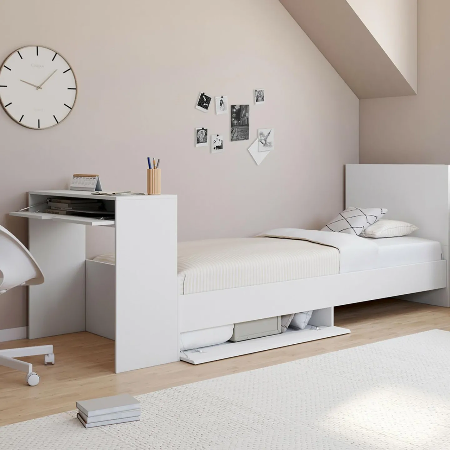 Lit simple blanc 90 x 190 cm avec rangements, sommier, tête de lit et bureau*IDMarket Discount