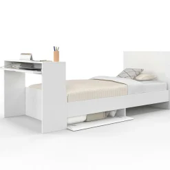Lit simple blanc 90 x 190 cm avec rangements, sommier, tête de lit et bureau*IDMarket Discount