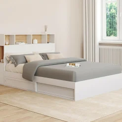 Lit 140x190 avec rangements blanc et hêtre et tête de lit*IDMarket Best