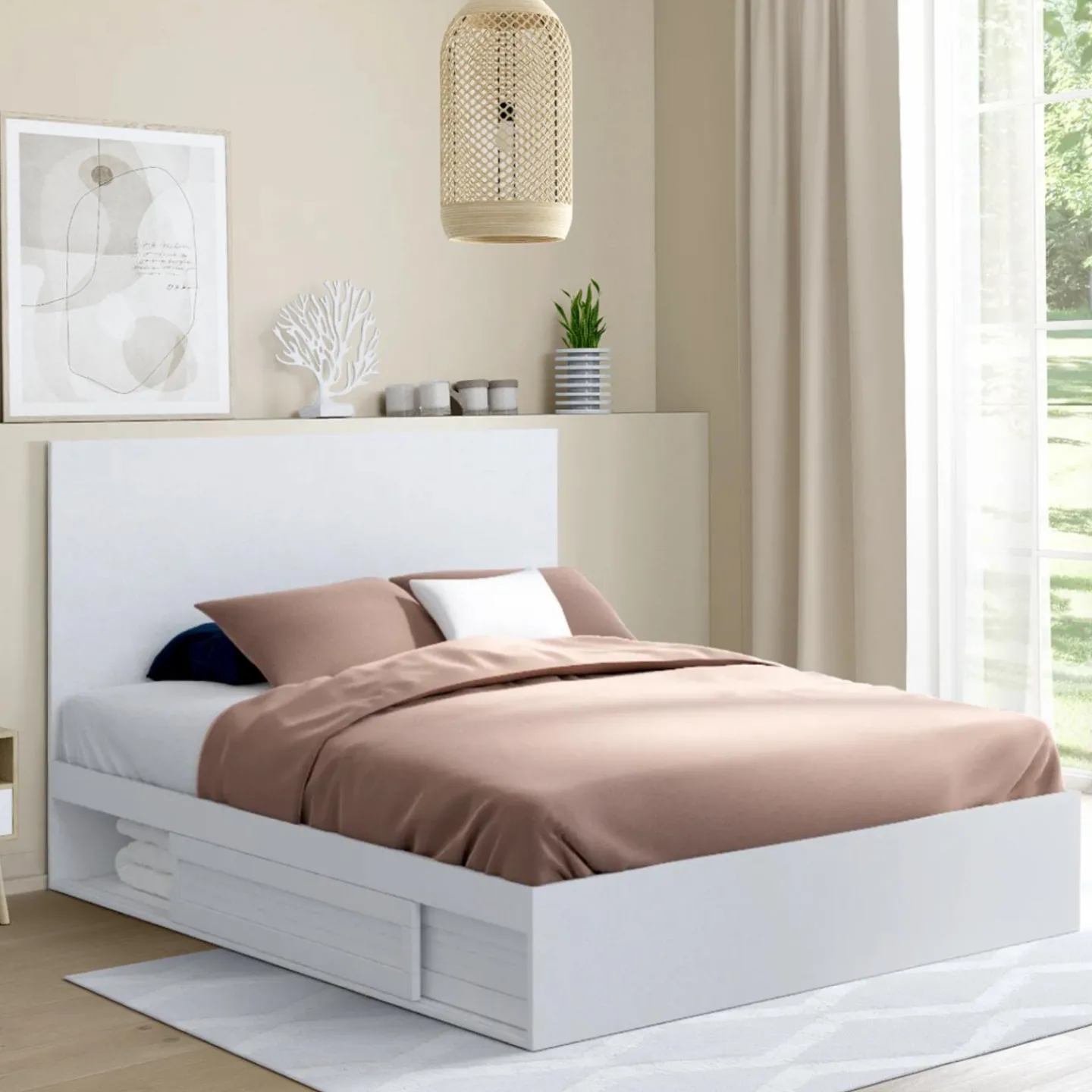 Lit 140x190 cm blanc avec rangements, tête de lit et sommier*IDMarket Sale