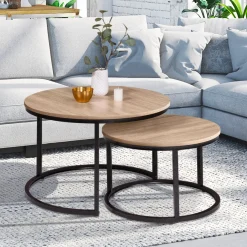 Lot 2 tables basses gigognes rondes bois métal industrielles*IDMarket Outlet