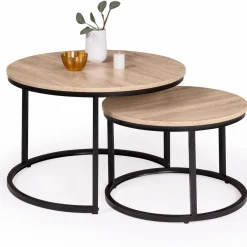 Lot 2 tables basses gigognes rondes bois métal industrielles*IDMarket Outlet