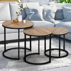 Lot 3 tables basses gigognes rondes bois métal industrielles 35/40/45 cm*IDMarket Online