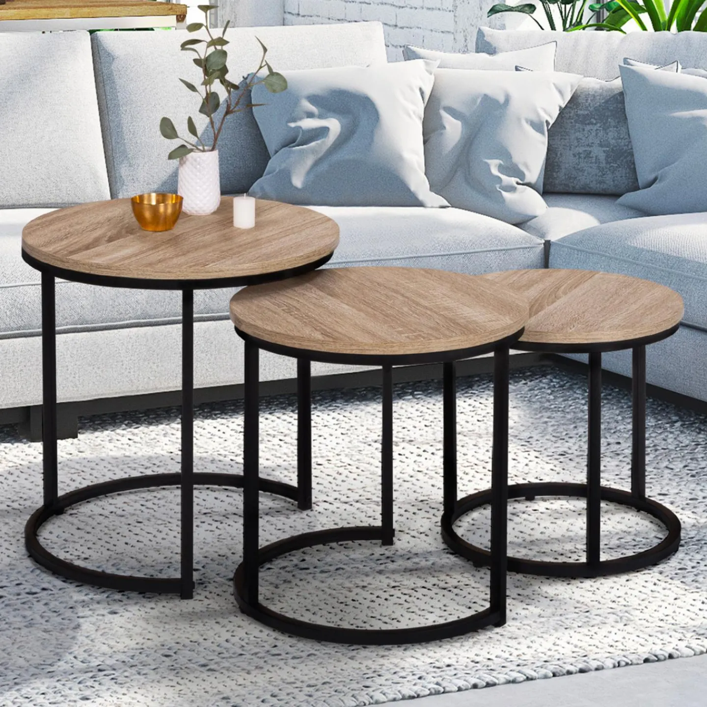 Lot 3 tables basses gigognes rondes bois métal industrielles 35/40/45 cm*IDMarket Online