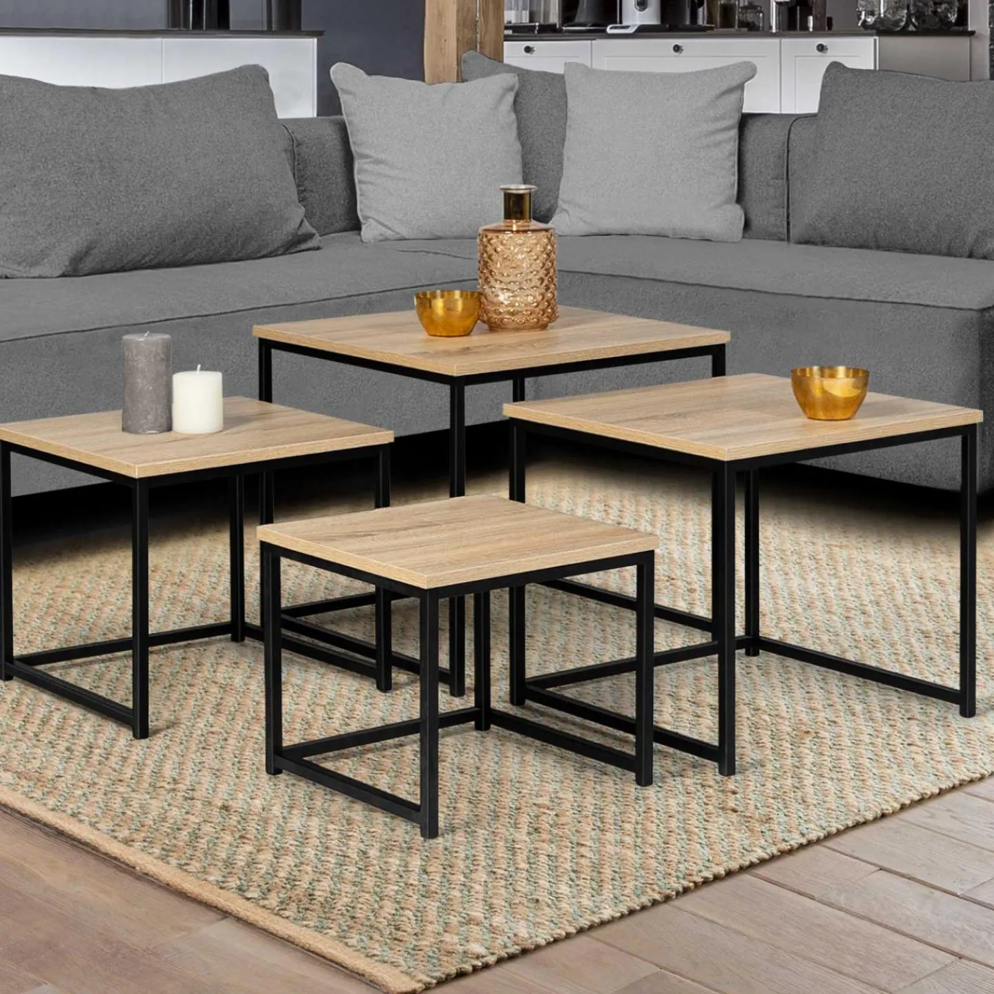 Lot 4 tables basses gigognes bois métal industrielles 35/40/45/50 cm*IDMarket Best