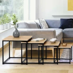 Lot 4 tables basses gigognes bois métal industrielles 35/40/45/50 cm*IDMarket Best