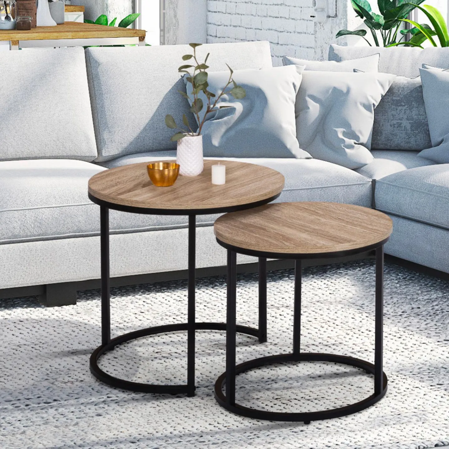 Lot 2 tables basses gigognes rondes bois métal industrielles 40/45 cm*IDMarket Best