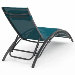 Lot de 2 bains de soleil inclinables avec coussin acier gris et toile bleu canard*IDMarket Best