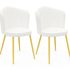 Lot de 2 chaises bouclette blanche, dossier coquillage, pieds dorés*IDMarket Online