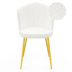Lot de 2 chaises bouclette blanche, dossier coquillage, pieds dorés*IDMarket Online
