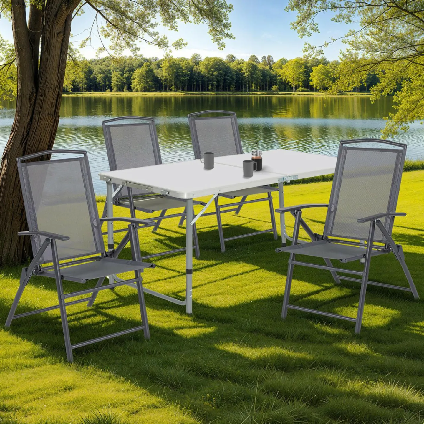 Lot de 4 chaises de jardin pliantes dossier inclinable avec accoudoirs gris anthracite*IDMarket Best