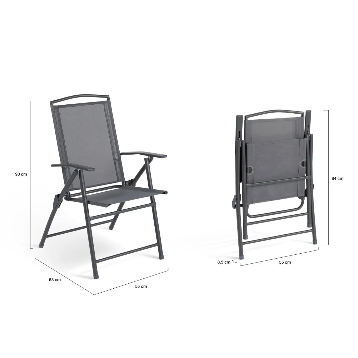 Lot de 4 chaises de jardin pliantes dossier inclinable avec accoudoirs gris anthracite*IDMarket Best