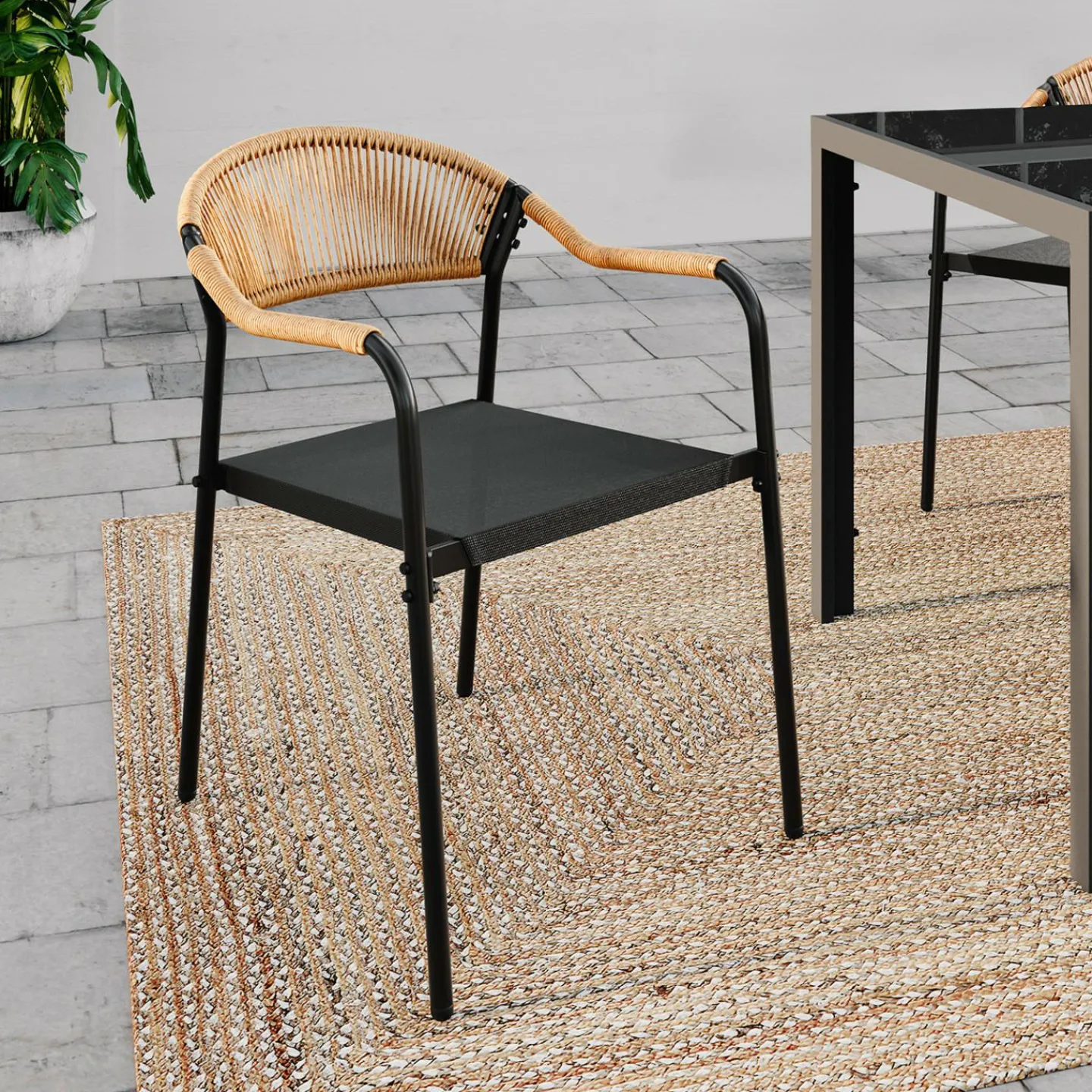 Lot de 4 chaises de jardin extérieures en métal, en cordage, en textilène et rotin clair*IDMarket Best