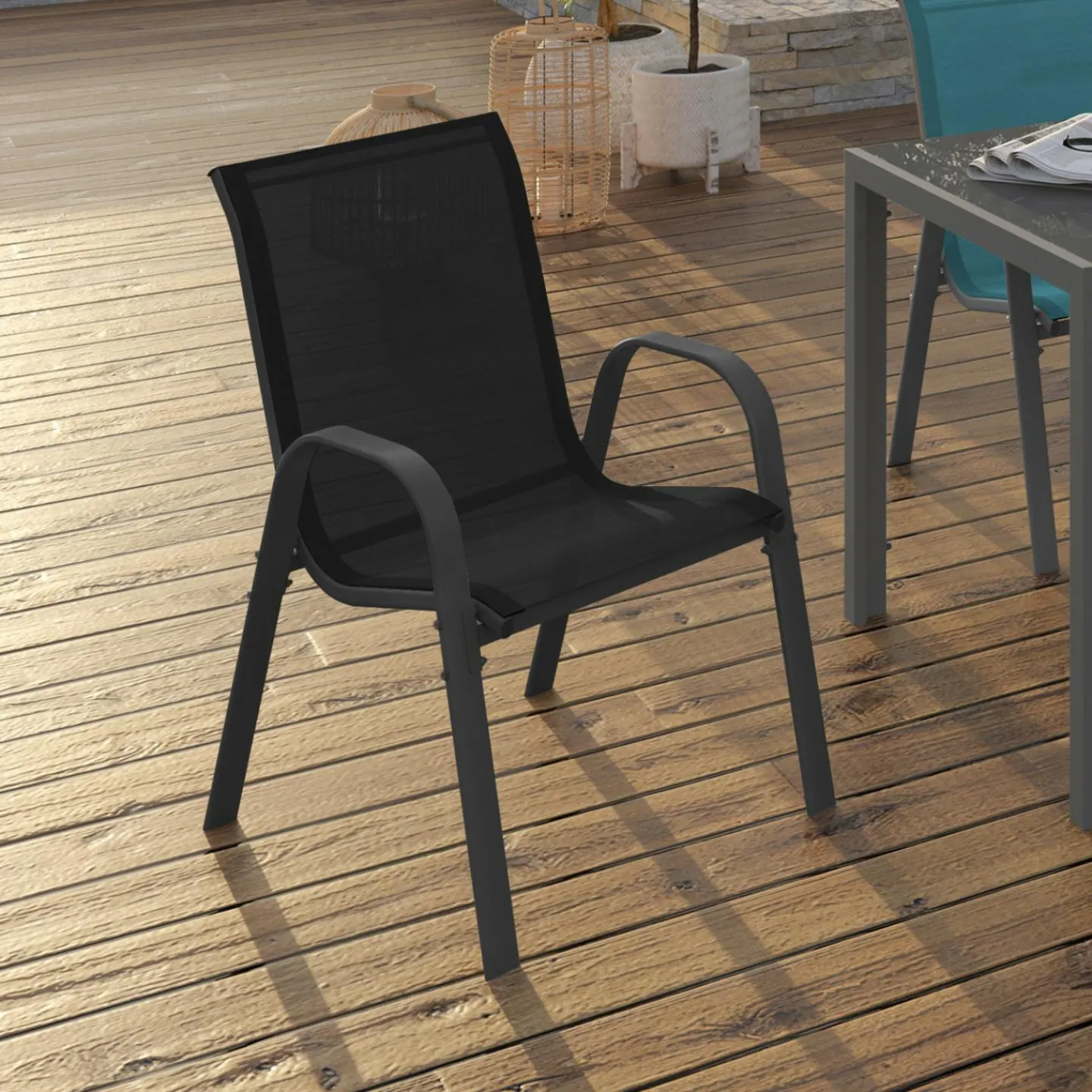 Lot de 6 chaises de jardin empilables en métal gris, noir et bleu et textilène*IDMarket New