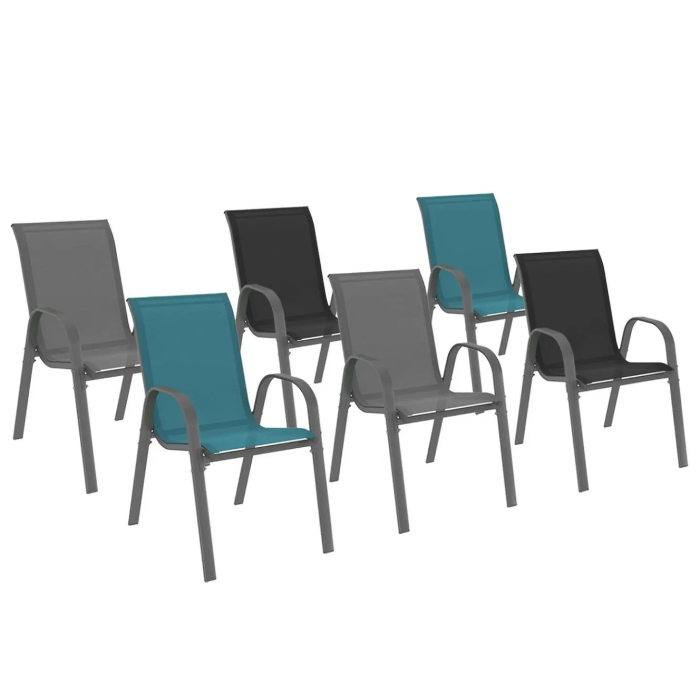 Lot de 6 chaises de jardin empilables en métal gris, noir et bleu et textilène*IDMarket New