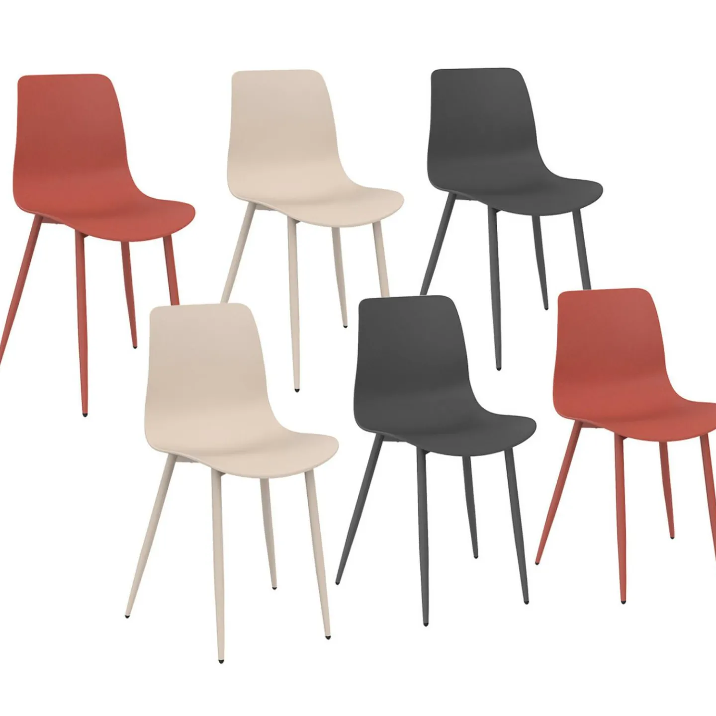 Lot de 6 chaises mix color gris foncé x2, terracotta x2, beige x2 pieds en métal*IDMarket Outlet