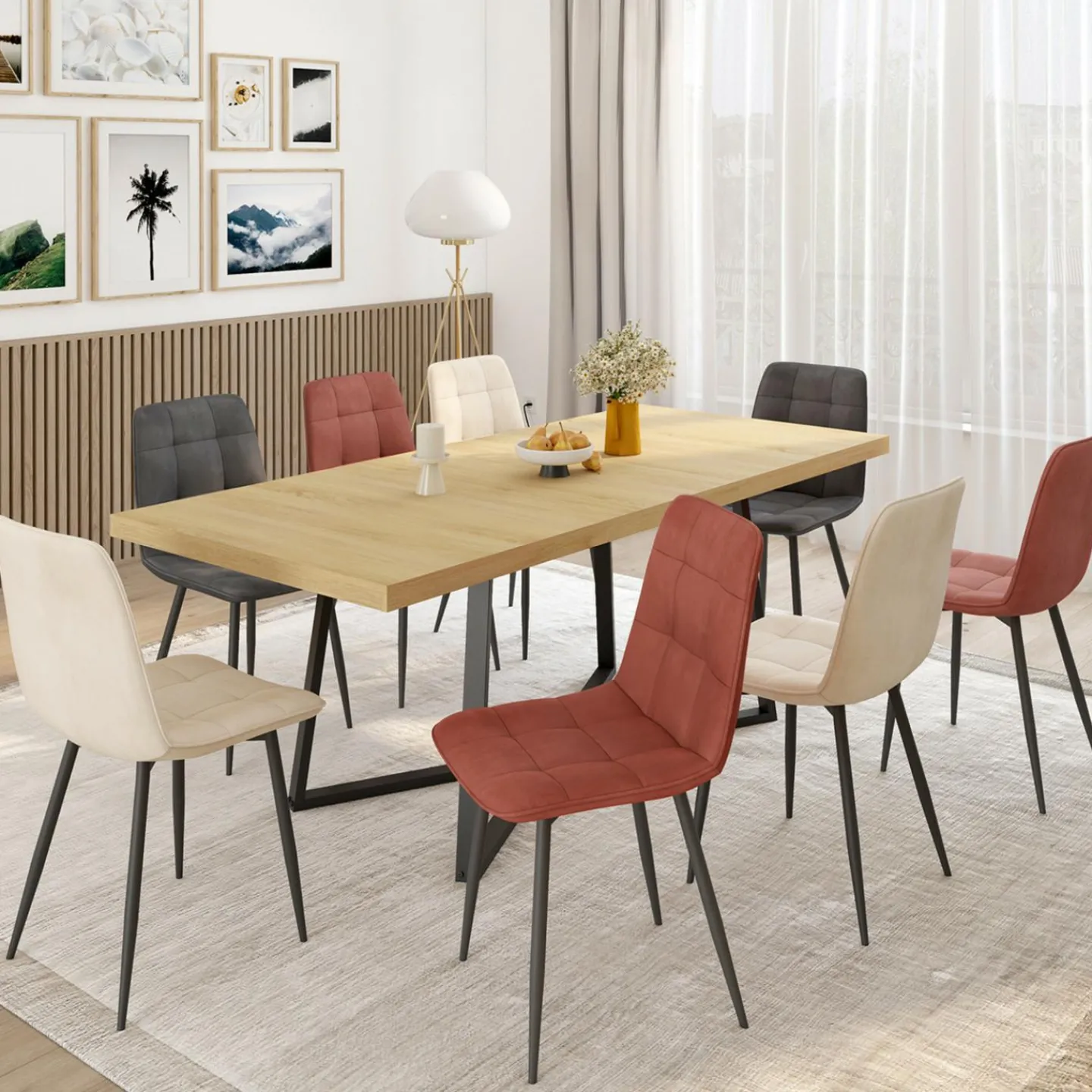 Lot de 8 chaises modernes en velours mix color terracotta x3, gris foncé x2, et beige x3 pieds métal noir*IDMarket Sale